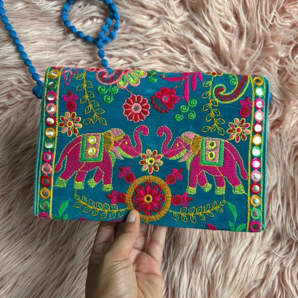 Blue Embroidered Flap Clutch with Pom Pom Cross Bodysuit Strap - Picture 5 of 7